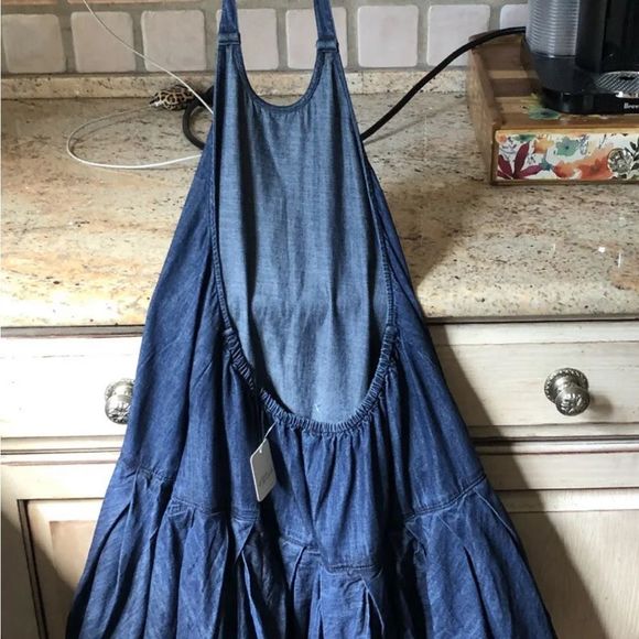 Free People Denim Backless Bubble Mini Dress Halter Pleated Ruffle Hem - Picture 4 of 6